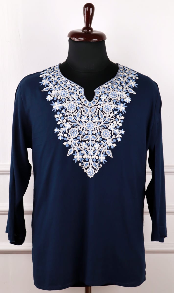 Gulaal Cotton Kurti in Navy with Floral Aari Embroidery