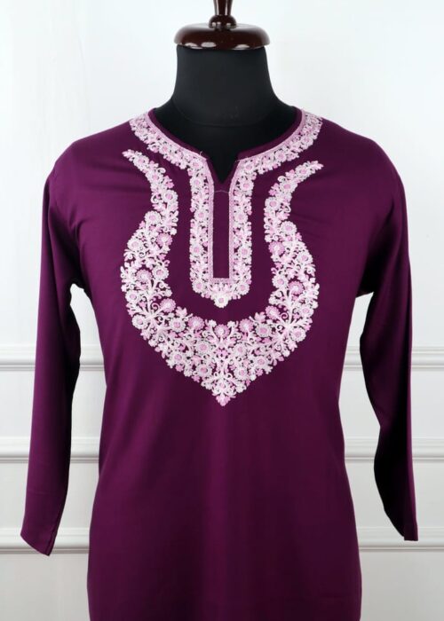 Faiza Cotton Kurti in Purple with Floral Embroidery