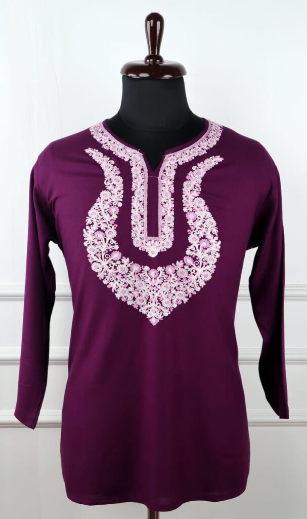 Faiza Cotton Kurti in Purple with Floral Embroidery