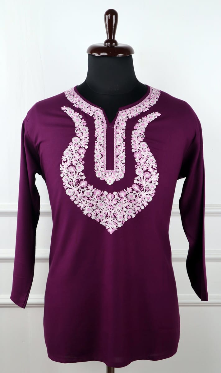 Faiza Cotton Kurti in Purple with Floral Embroidery