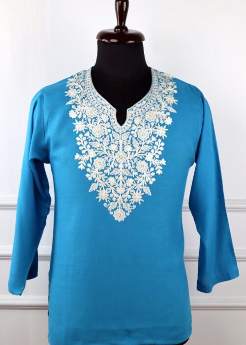 Chashm e Bahar Cotton Kurti in Blue with Floral Embroidery
