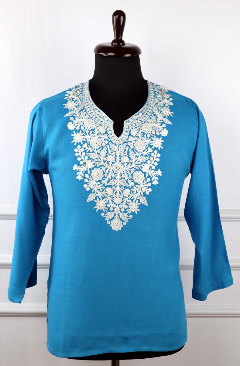 Chashm e Bahar Cotton Kurti in Blue with Floral Embroidery