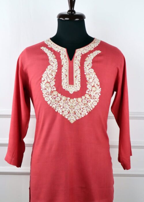 Jade Mist Kashmiri Cotton Kurti in Red with Floral Embroidery
