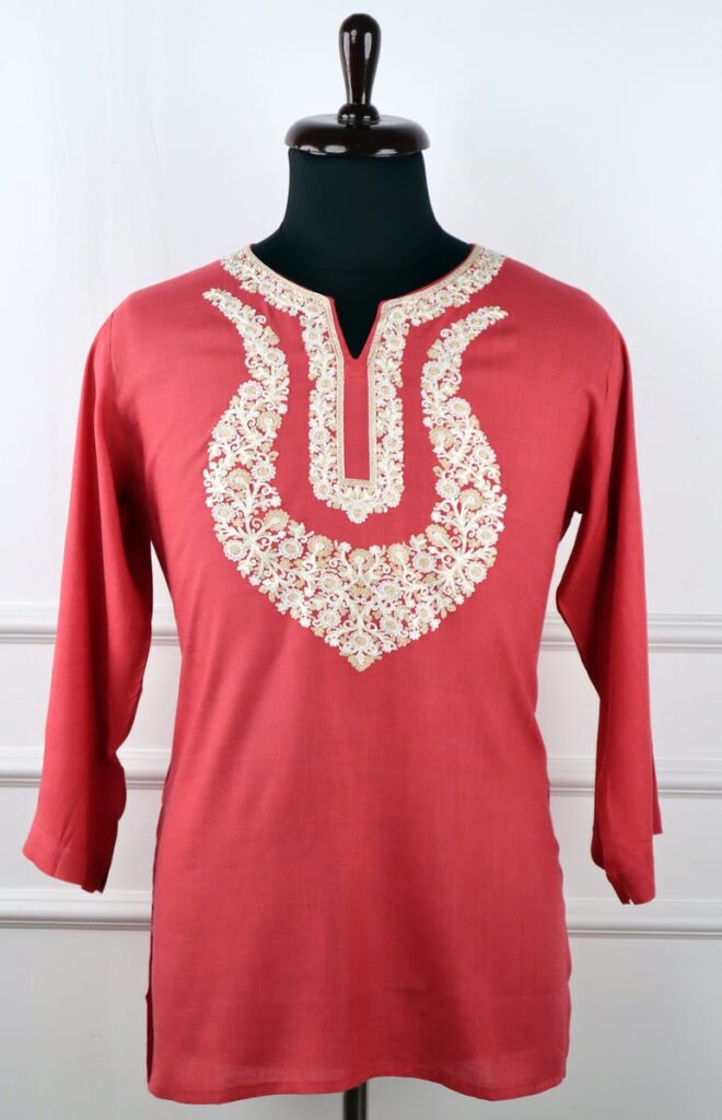 Jade Mist Kashmiri Cotton Kurti in Red with Floral Embroidery