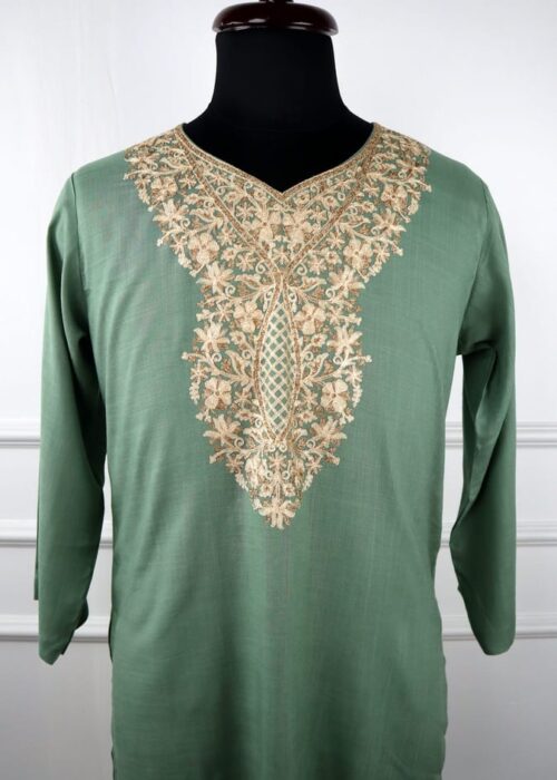 Sosan Aasmaan Cotton Kurti in Green with Gold Embroidery