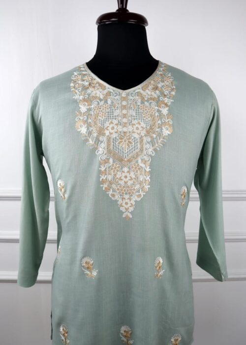 Aabshar Cotton Kurti in Light Green with Aari Embroidery