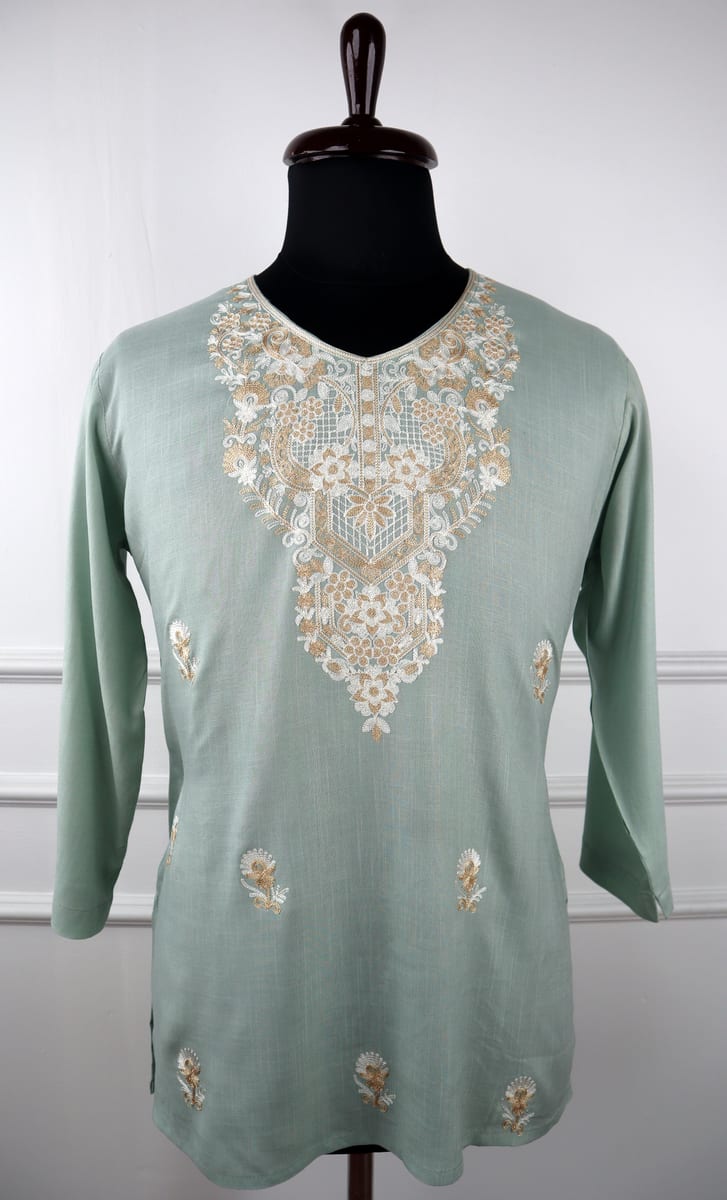 Aabshar Cotton Kurti in Light Green with Aari Embroidery
