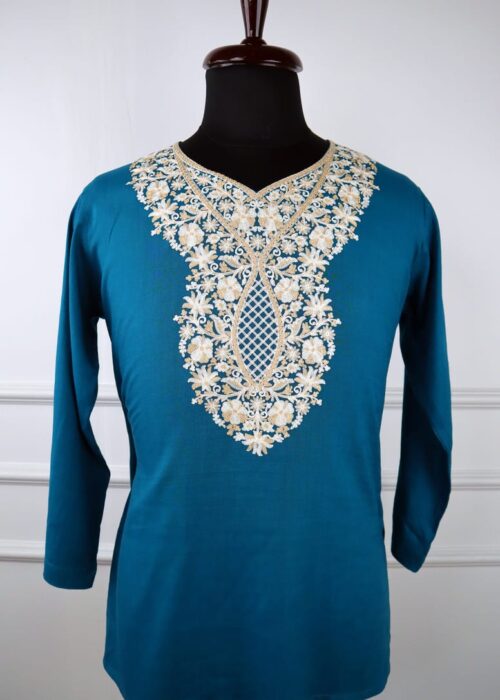 Shehzadi Kashmiri Cotton Aari Kurti in Teal