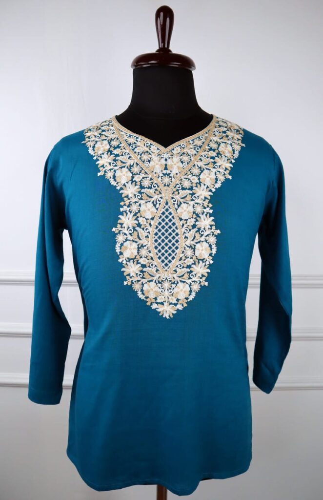 Shehzadi Kashmiri Cotton Aari Kurti in Teal