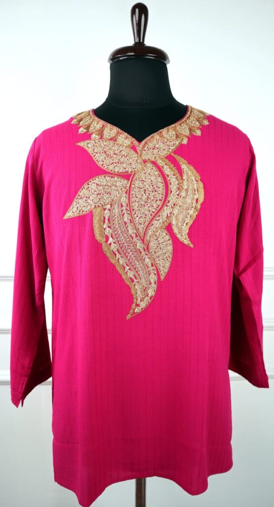 Chandbi Cotton Kurti with Gold Floral Tilla Embroidery