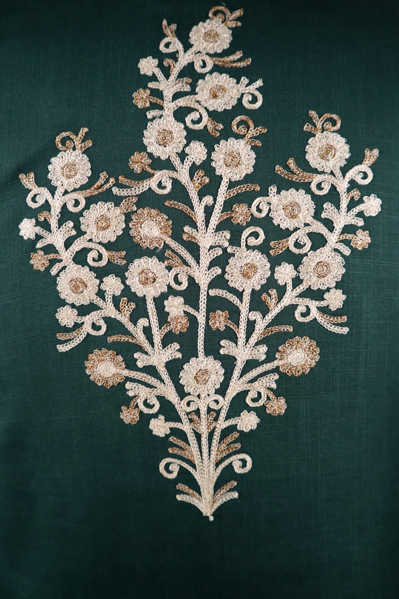 Tewar Cotton Kurti in Jewel-Toned Green with Aari Embroidery