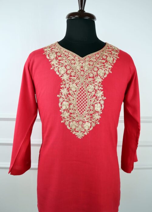 Gulab Cotton Kuftan with Golden Aari Embroidery