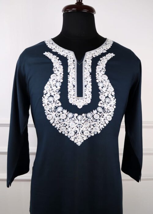 Sheen Kashmiri Cotton Aari Kurti in Navy