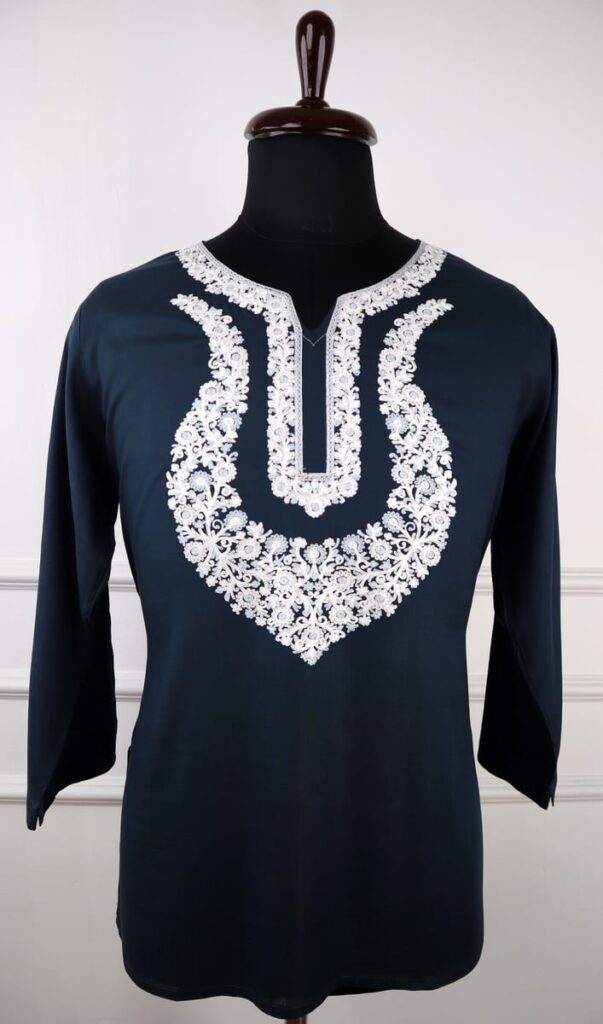 Sheen Kashmiri Cotton Aari Kurti in Navy