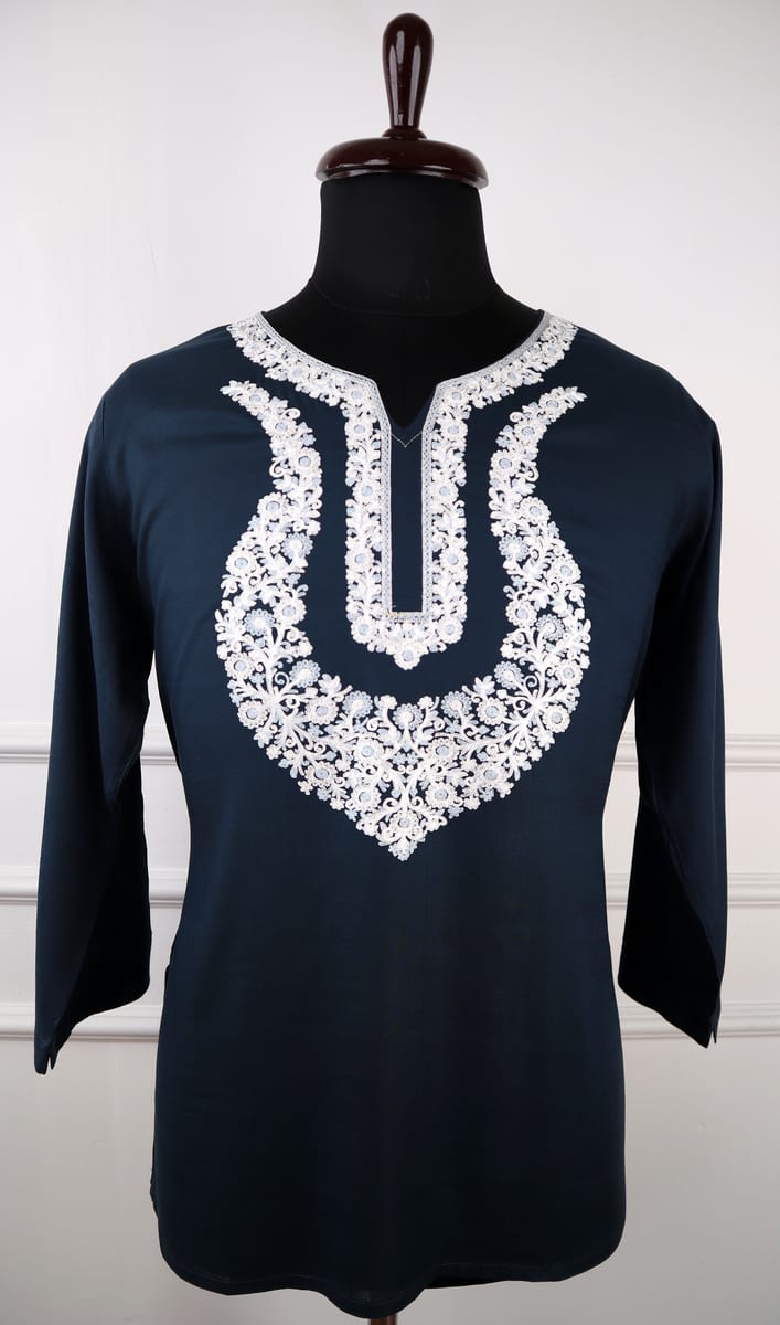 Sheen Kashmiri Cotton Aari Kurti in Navy