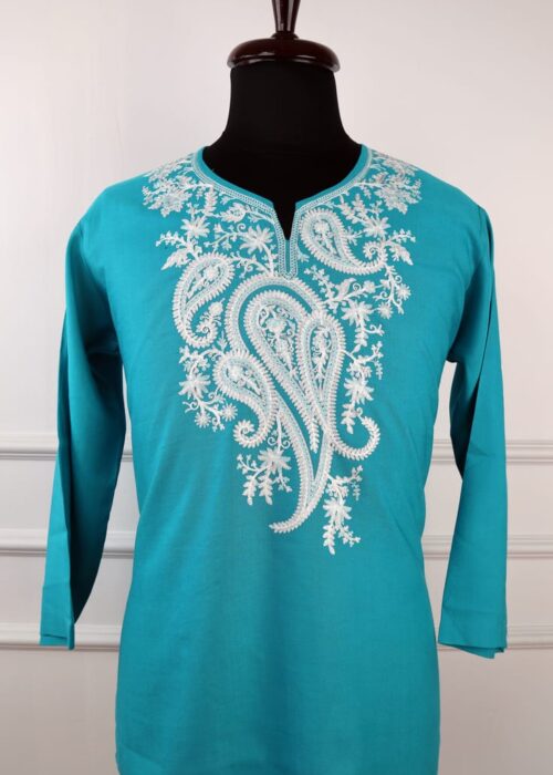 Gulaal Kashmiri Cotton Aari Kurti in Turquoise