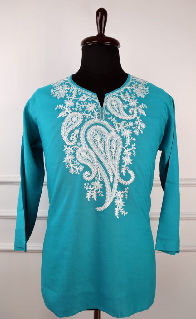 Gulaal Kashmiri Cotton Aari Kurti in Turquoise