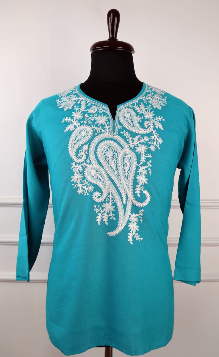 Gulaal Kashmiri Cotton Aari Kurti in Turquoise