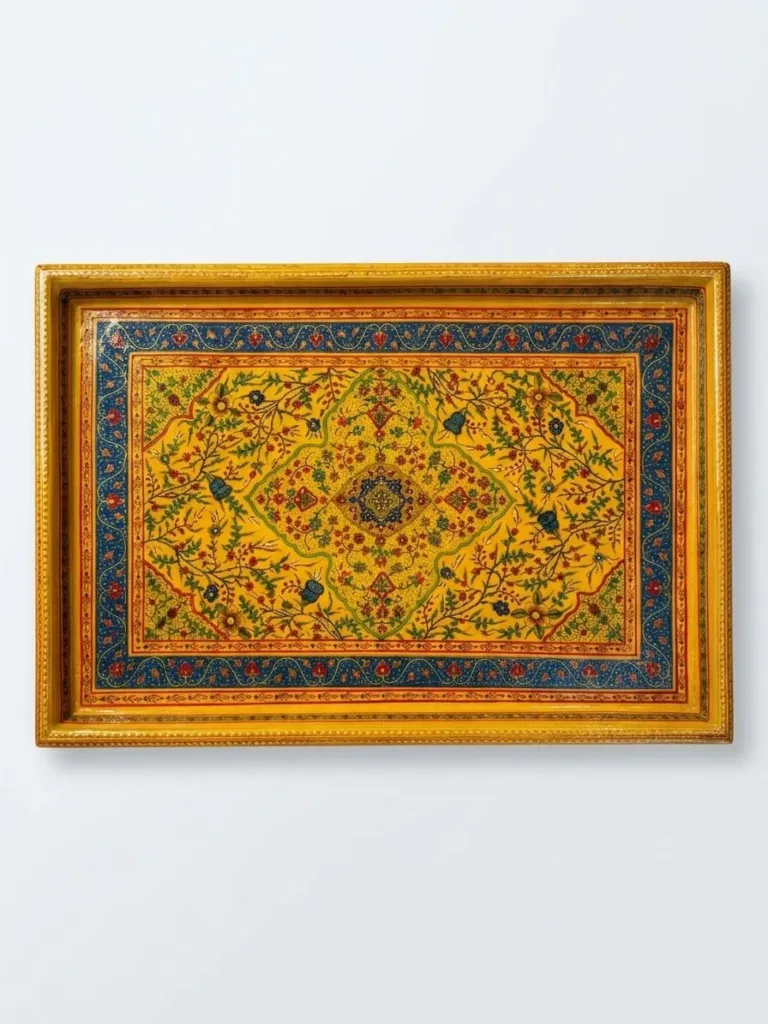 Saffron and Blue Kashmiri Papier-Mâché Tray with Gold Border