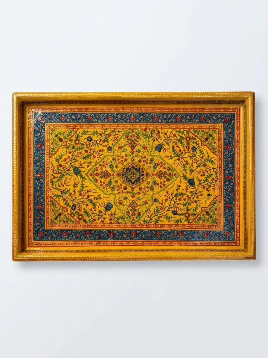 Saffron and Blue Kashmiri Papier-Mâché Tray with Gold Border