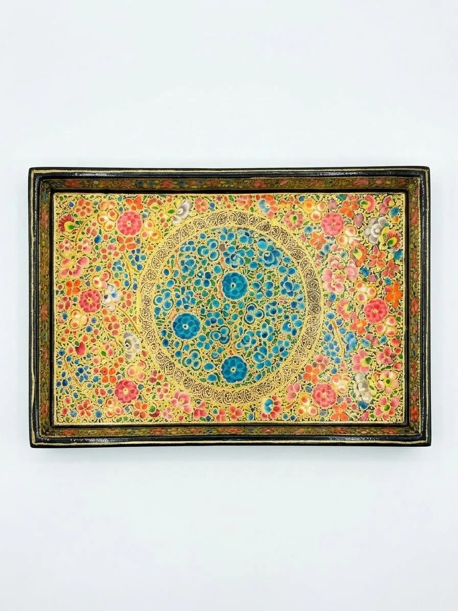 Gold and Blue Medallion Kashmiri Papier-Mâché Medium Tray