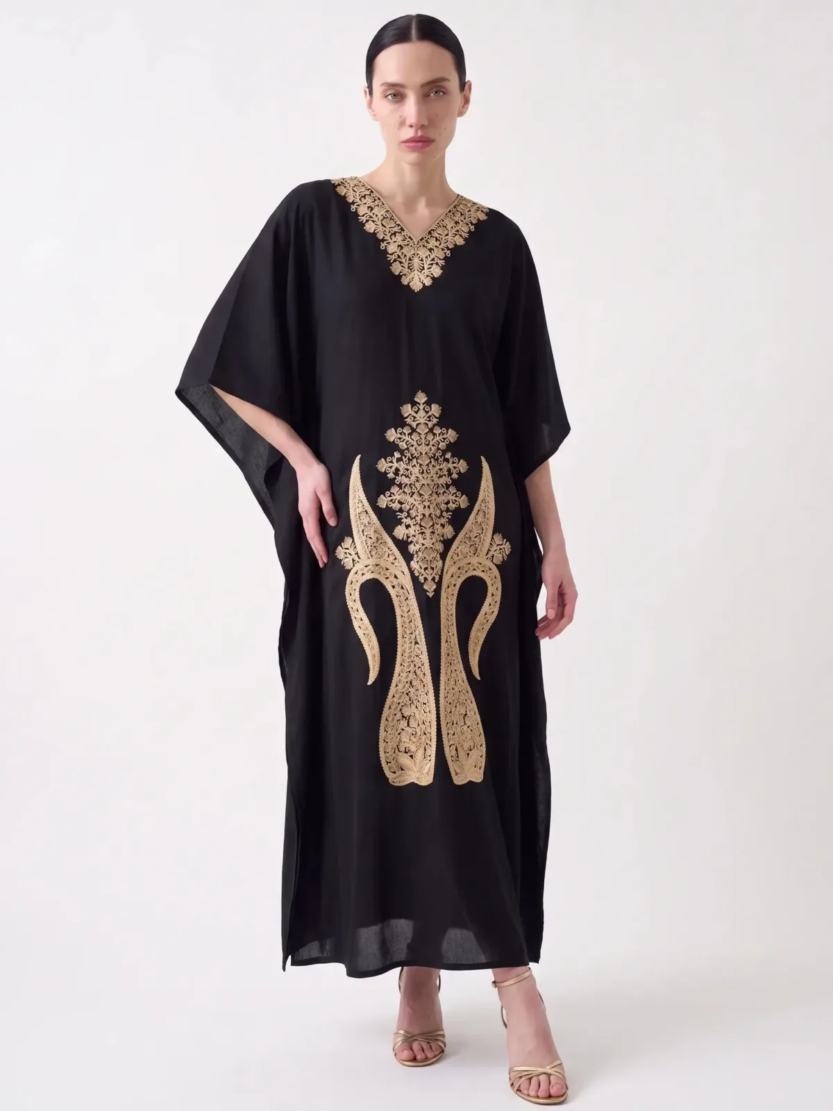 Aaftab Mahira Cotton Kaftan in Black with Gold Embroidery