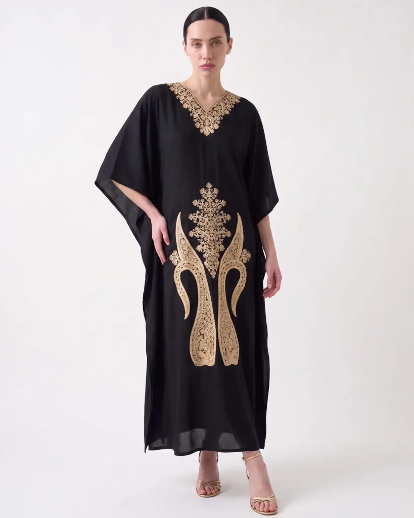Aaftab Mahira Cotton Kaftan in Black with Gold Embroidery