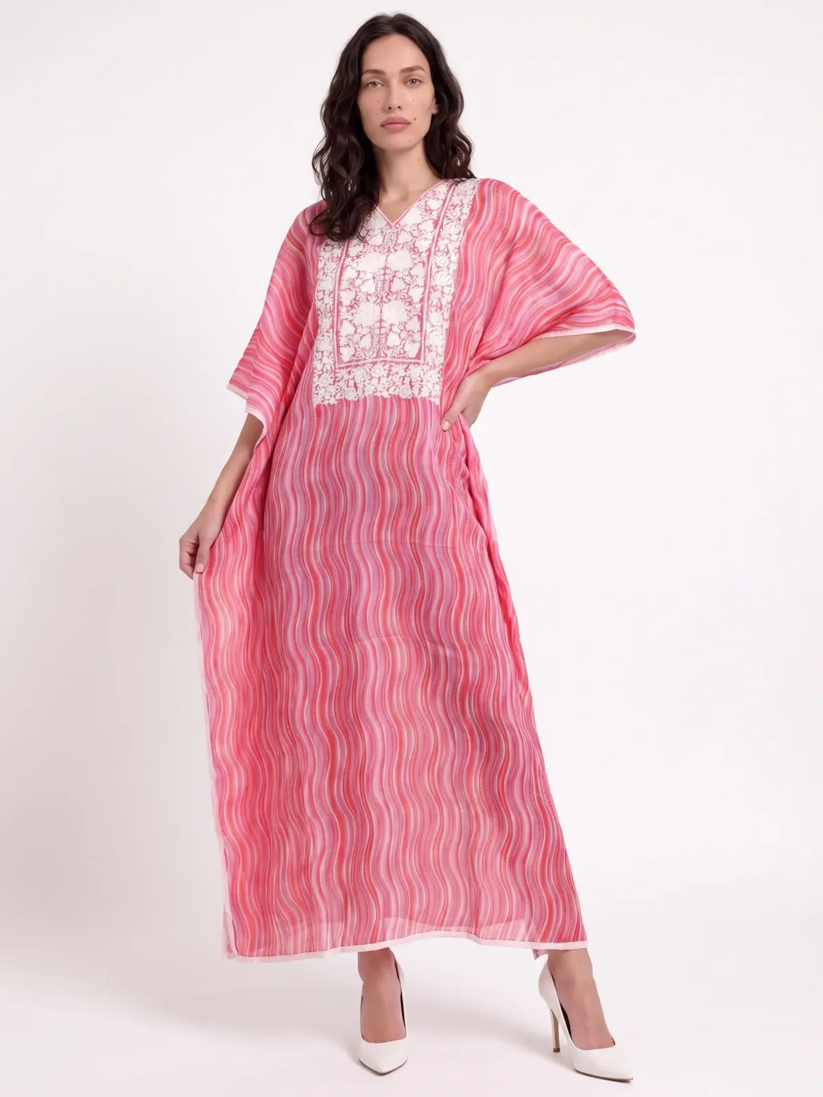 Moonflower Muslin Kaftan in Pink with Aari Embroidery