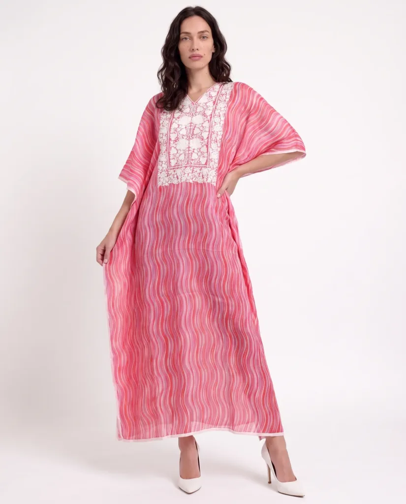 Moonflower Muslin Kaftan in Pink with Aari Embroidery