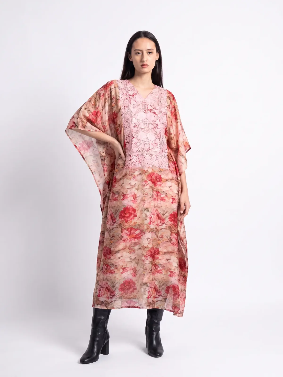 Gulzar Kashmiri Muslin Aari Kaftan in Beige
