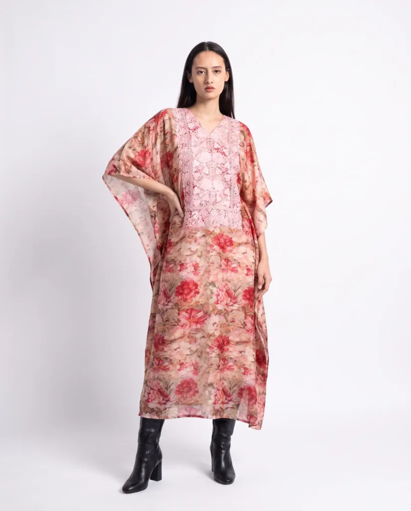 Gulzar Kashmiri Muslin Aari Kaftan in Beige