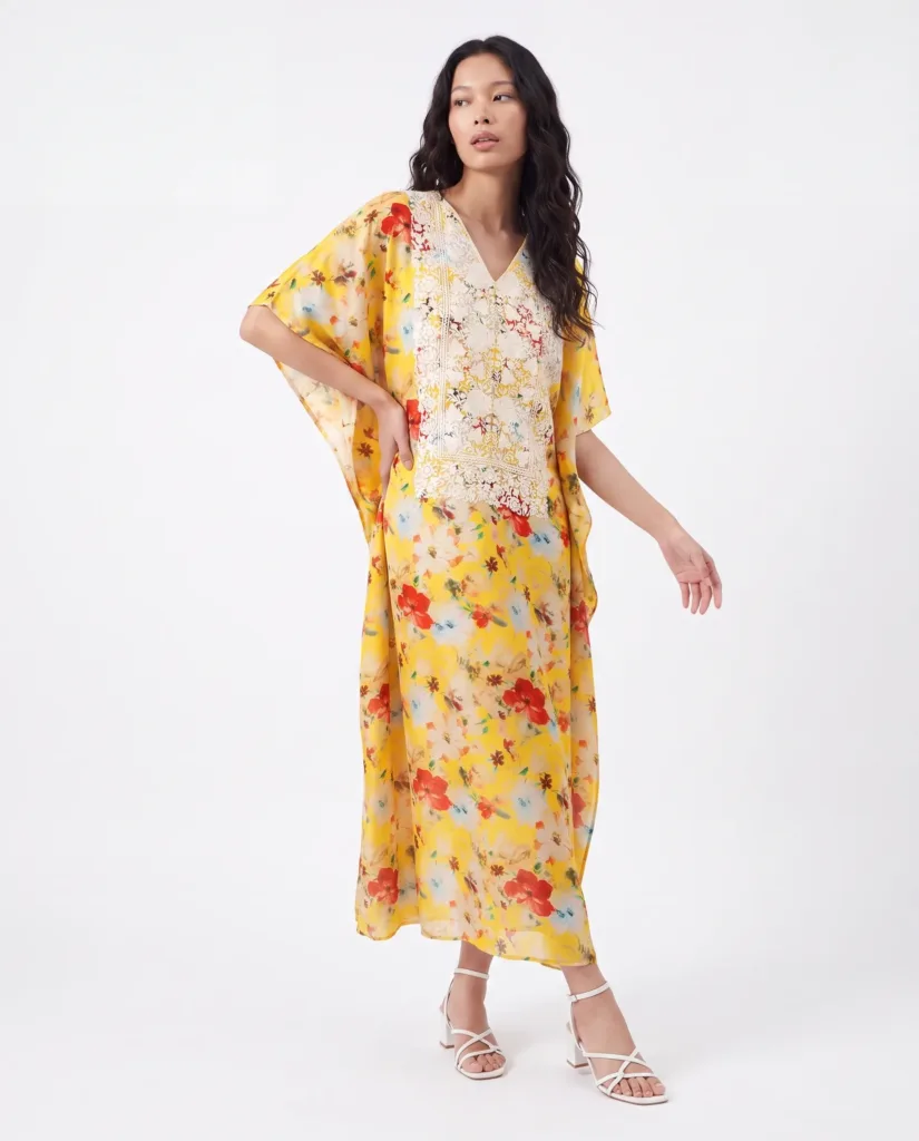 Harud Kashmiri Muslin Aari Kaftan in Yellow