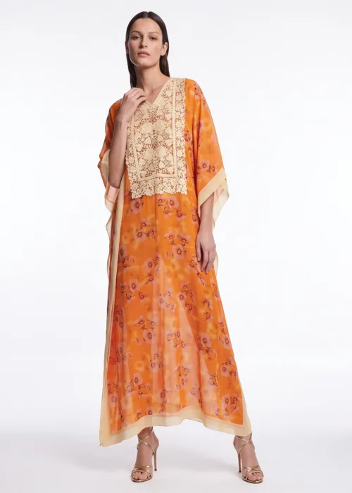 Chashm Georgette Kaftan in Orange with Floral Aari Embroidery