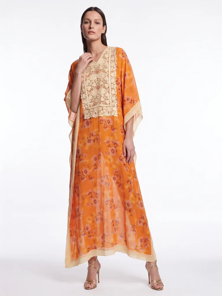 Chashm Georgette Kaftan in Orange with Floral Aari Embroidery