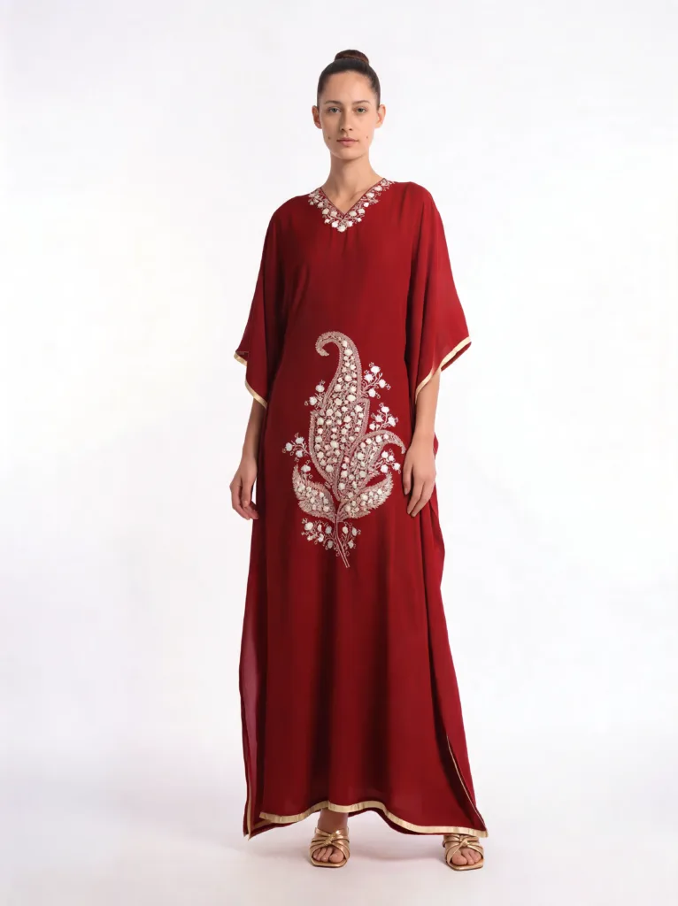 Wanposh Crepe Kaftan in Jewel-Toned Red with Aari Embroidery