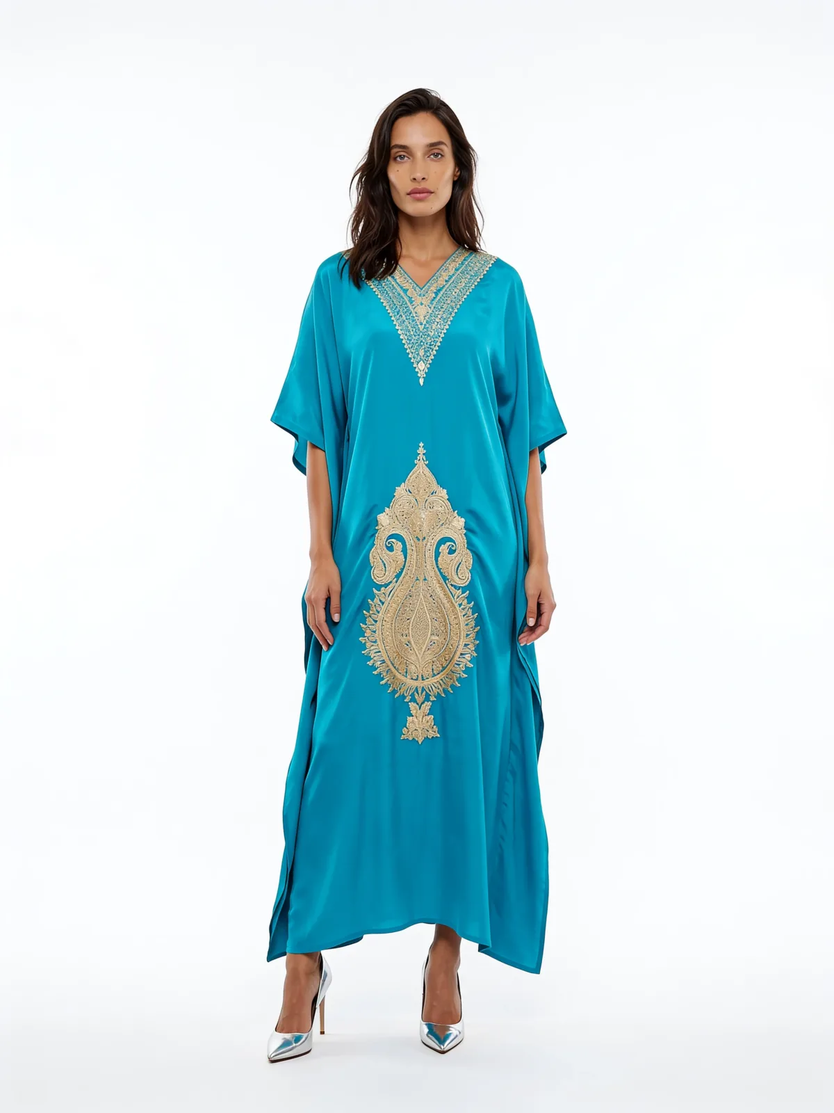 Husn e Wular Crepe Kaftan in Turquoise with Golden Aari Embroidery