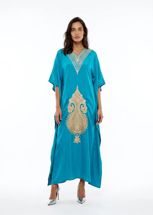Husn e Wular Crepe Kaftan in Turquoise with Golden Aari Embroidery