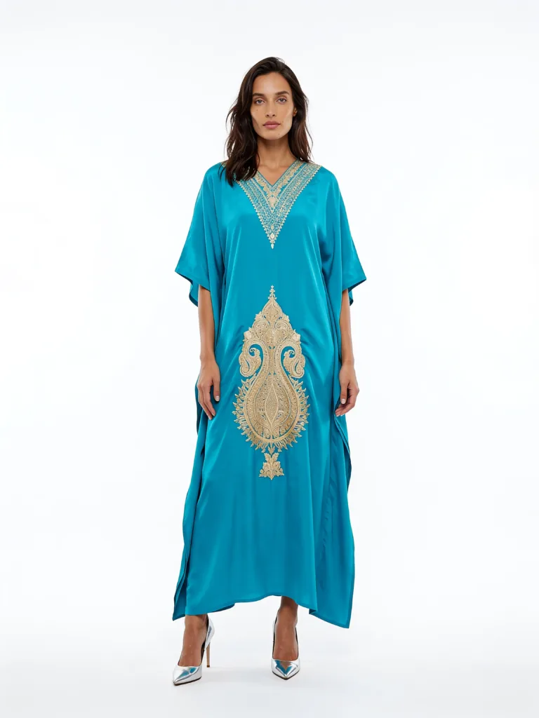 Husn e Wular Crepe Kaftan in Turquoise with Golden Aari Embroidery
