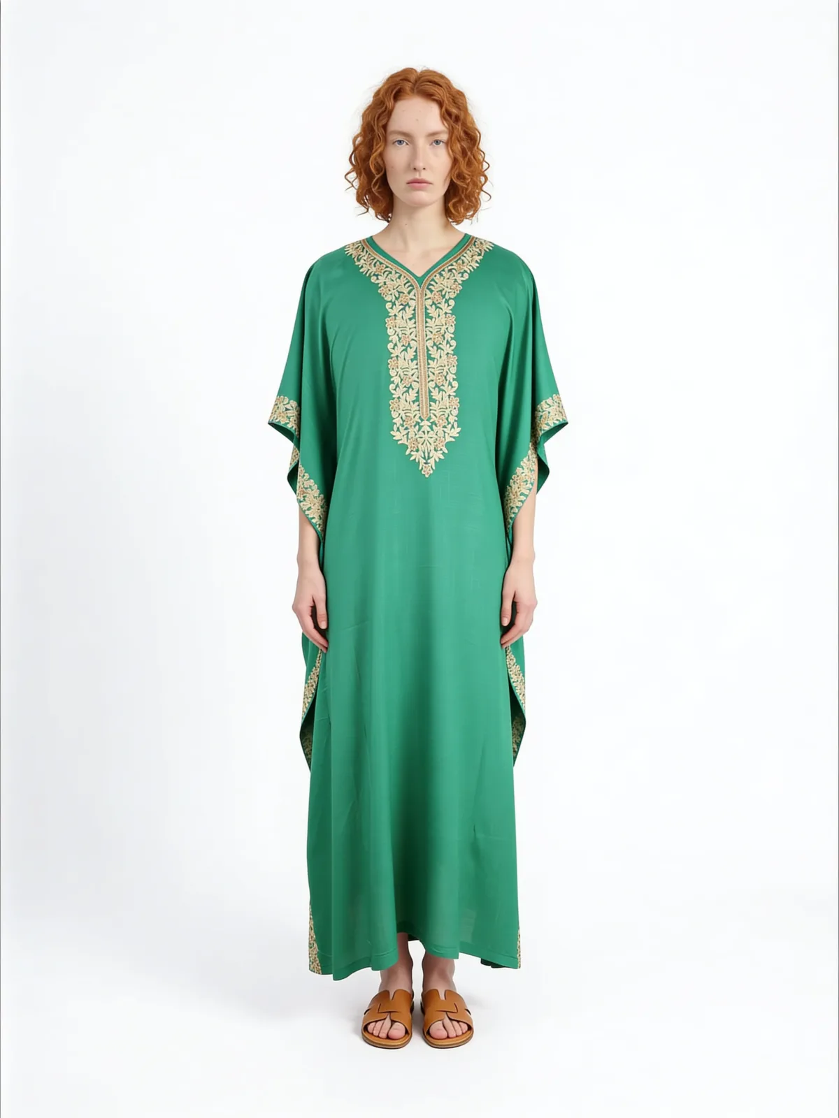 Zungaash Cotton Kaftan in Green with Floral Embroidery