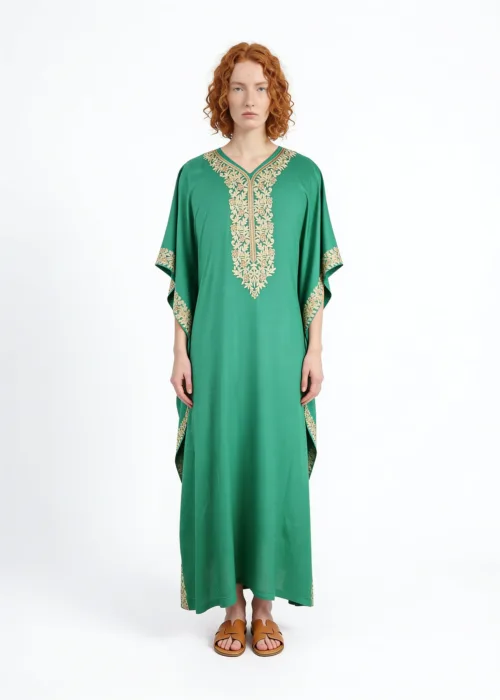 Zungaash Cotton Kaftan in Green with Floral Embroidery