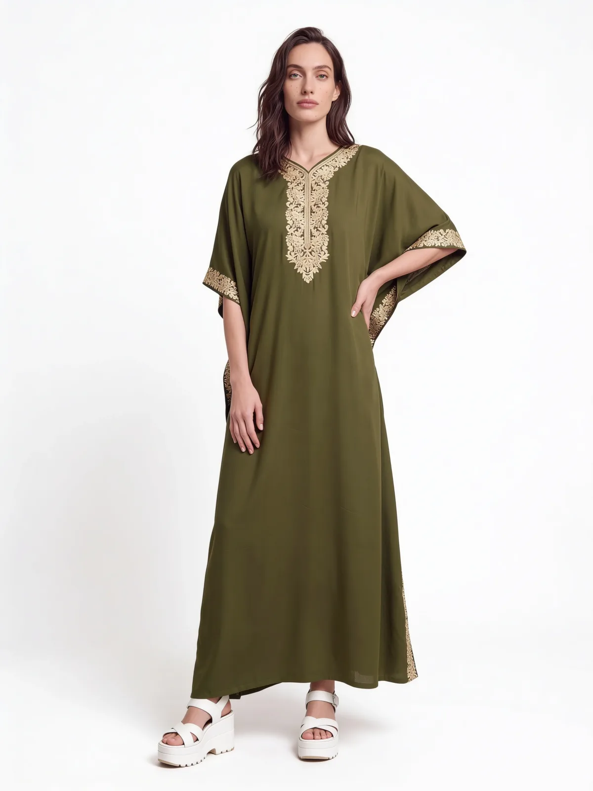Nargis Cotton Kaftan in Olive Green with Aari Embroidery