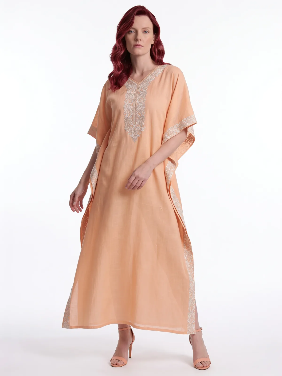 Parisa Cotton Kaftan with Aari Embroidery in Peach