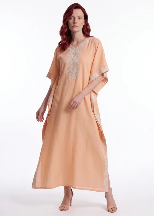 Parisa Cotton Kaftan with Aari Embroidery in Peach
