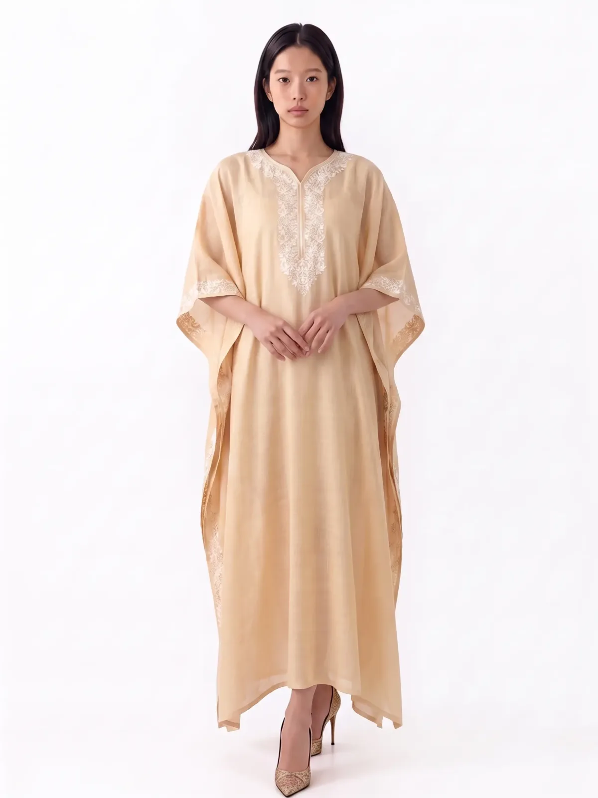 Heeposh Cotton Kaftan with Floral Aari Embroidery