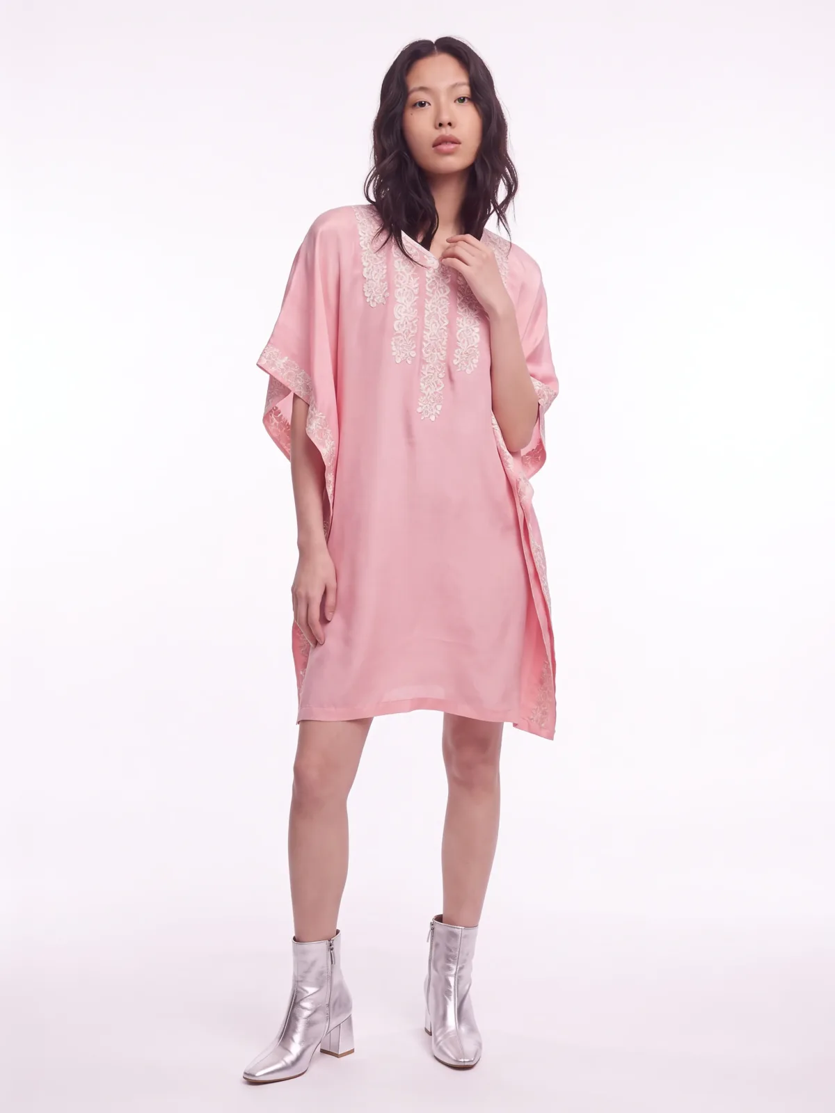 Kashida Chandni Crepe Kaftan in Pink with Floral Embroidery