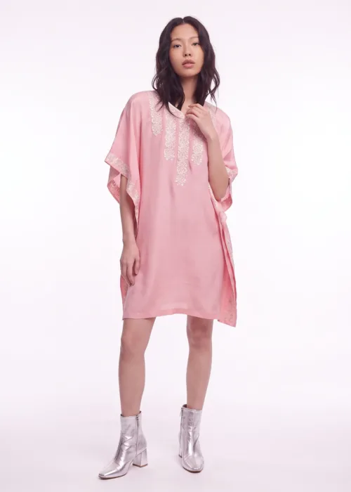 Kashida Chandni Crepe Kaftan in Pink with Floral Embroidery