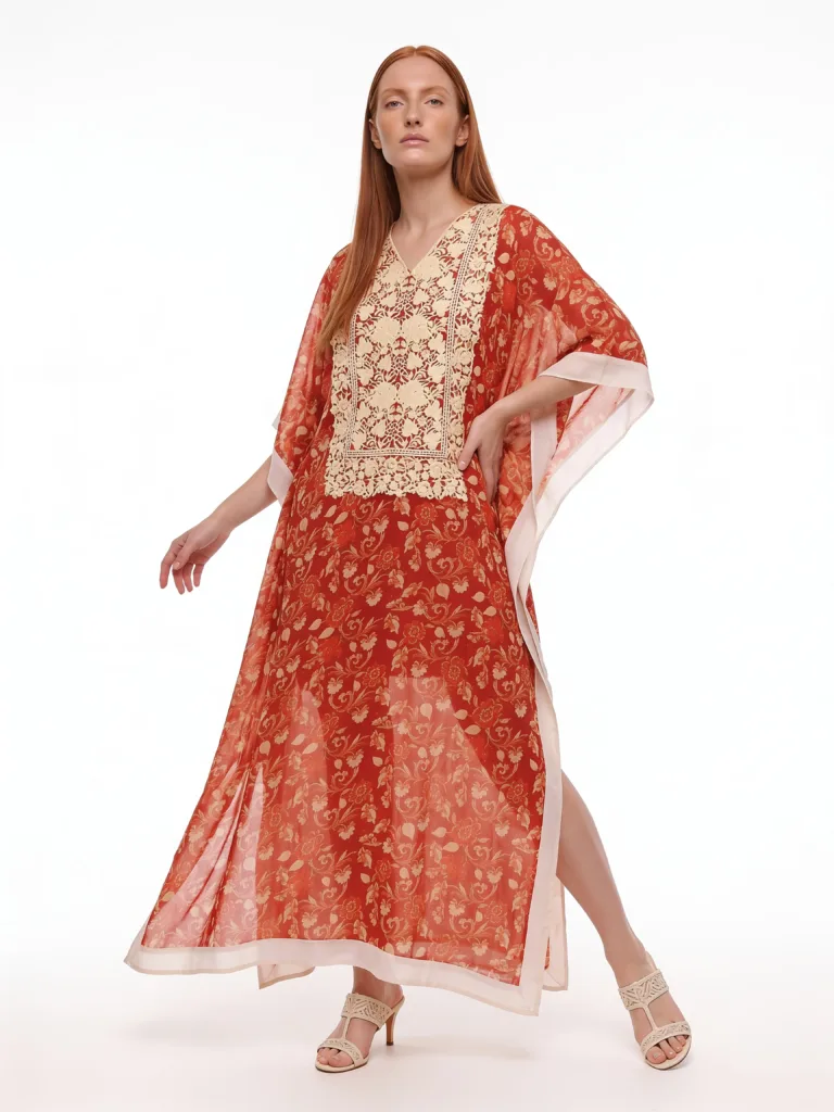 Sombal Georgette Kaftan in Red with Floral Embroidery