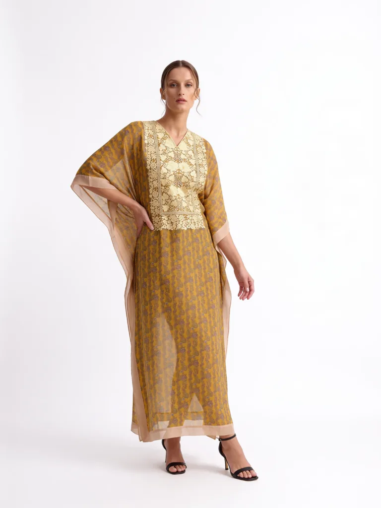 Parisa Georgette Kaftan with Aari Embroidery in Yellow