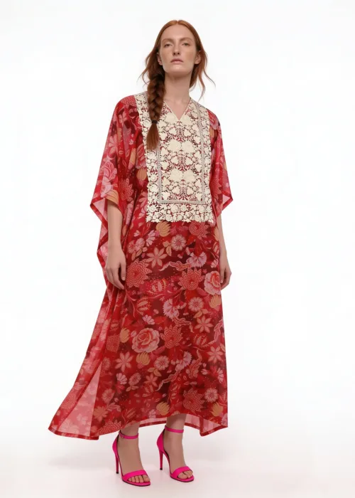 Vyeth Georgette Kaftan in Red with Floral Aari Embroidery