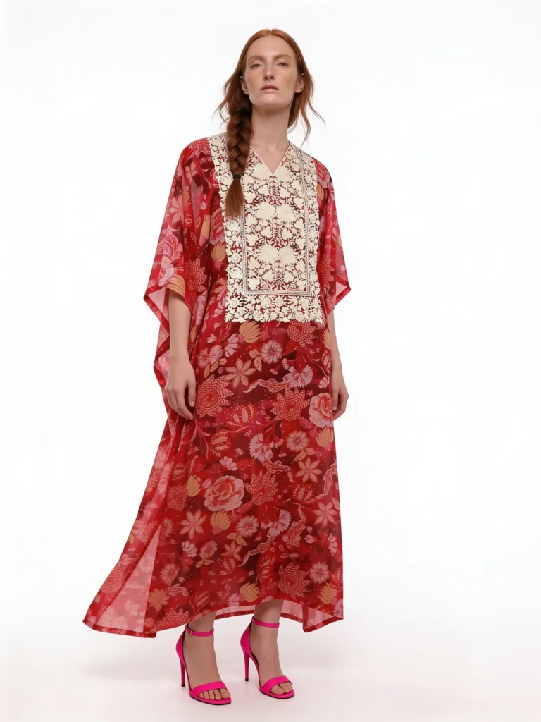 Vyeth Georgette Kaftan in Red with Floral Aari Embroidery